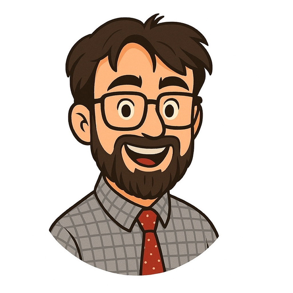 Cartoon-style illustration of David E Curran, smiling, with glasses, dark hair and beard, wearing a grey checked shirt and red tie.