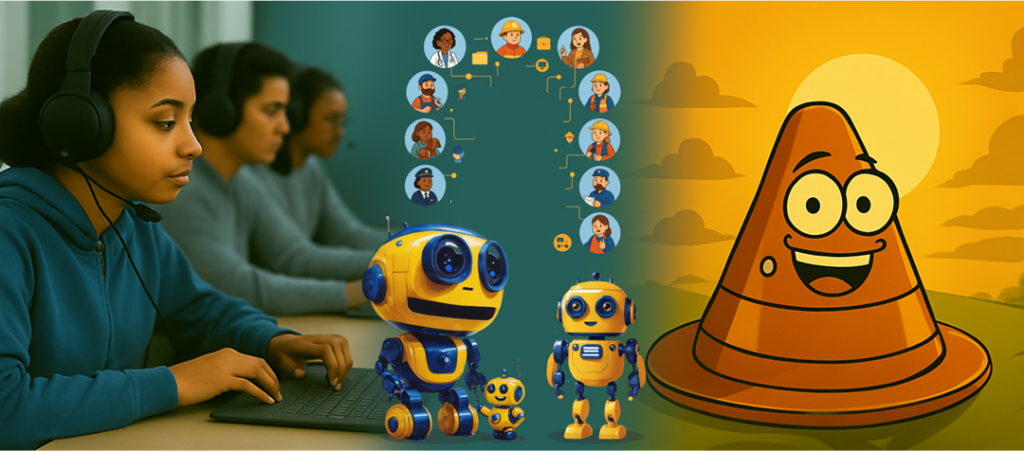 A student wearing headset types on a computer, with classmates working in the background, also using assistive technology. In the middle of the image, small illustrated icons show different careers, such as a doctor, engineer, builder, and pilot. Below them are two friendly yellow-and-blue chatbot characters. On the right, a smiling cartoon traffic cone from the ~Conefessions series is shown in front of a sunset sky.