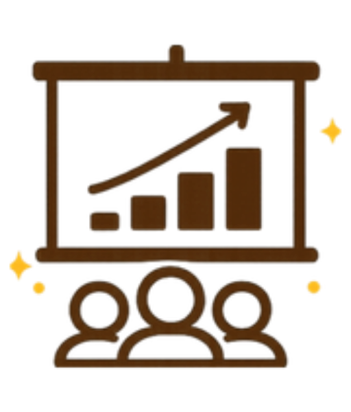 Presentation board with rising graph and audience figures, representing CPD, training and professional development sessions