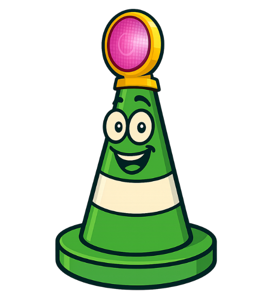Green ConeBot PositiveBias character with a friendly smile, white reflective band and yellow warning-light housing with a glowing pink-purple lens, representing inclusive and accessible AI support